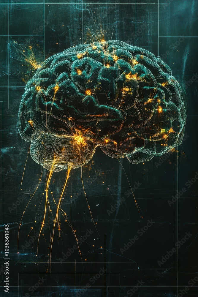 Poster abstract digital brain with glowing lines and sparks - artificial intelligence and technology concep