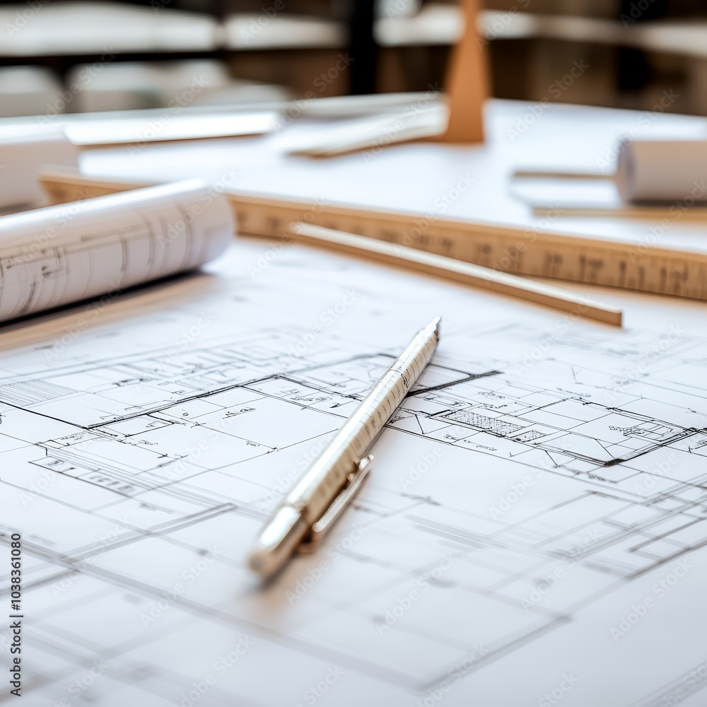 Poster close-up of architectural blueprints and drafting tools on a work table.