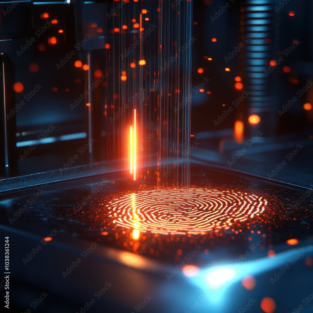 Poster futuristic fingerprint scanner with glowing red lines and bokeh