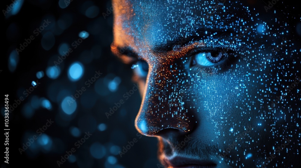 Poster front view head shot of man with pixels coming out of his face. dark background. generative ai verti