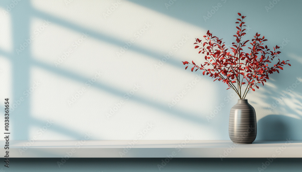 Aufkleber a vase with colorful flowers placed on a shelf, casting soft shadows on a light wall, creating a ser