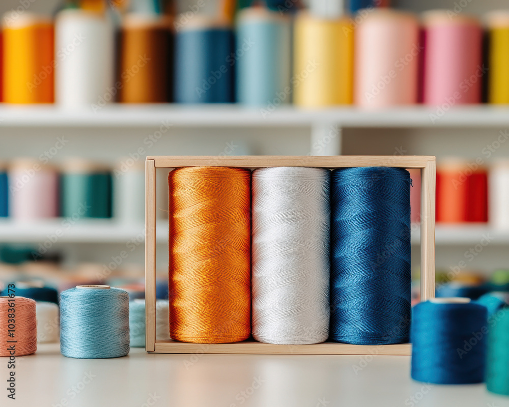 Poster A vibrant display of colorful sewing threads in various hues, neatly arranged in a wooden holder against a backdrop of neatly stacked spools.