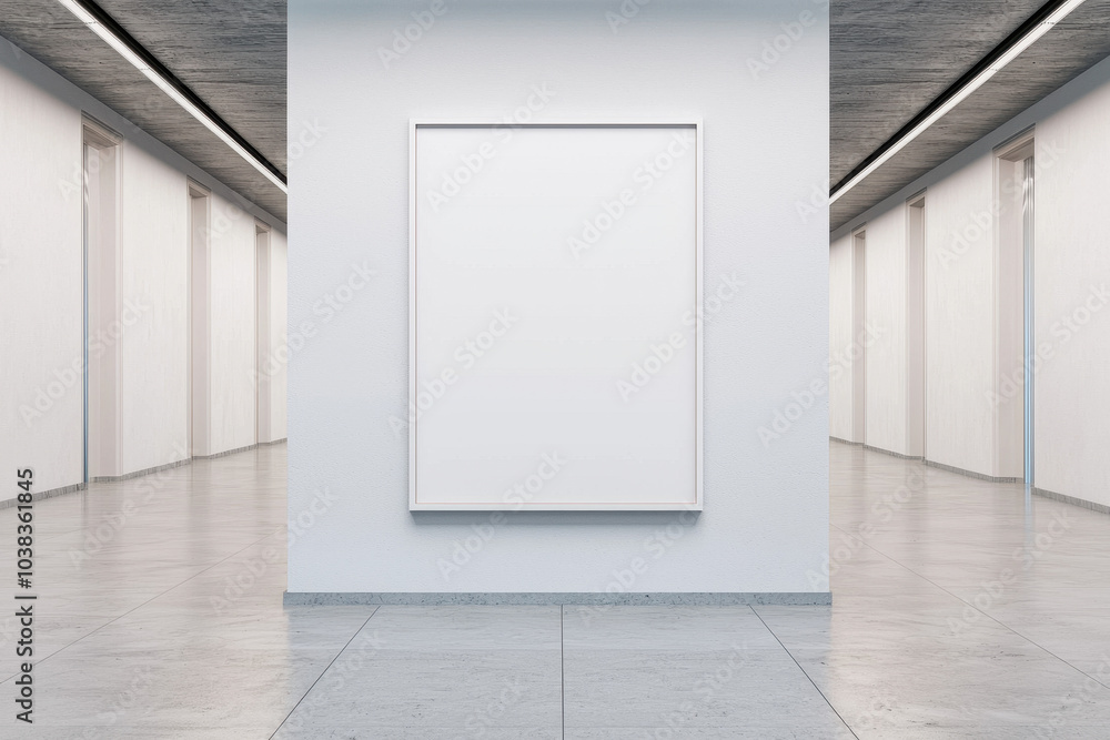 Poster a minimalist gallery with blank walls and a single empty frame, inviting contemplation and creativit