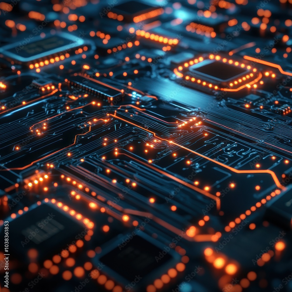 Poster closeup of illuminated circuit board with orange leds - abstract technology background