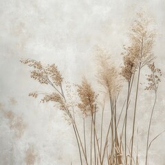 Dried Pampas Grass on White Textured Wall, Minimalist Boho Aesthetic, Home Decor, Beige and Brown Hues