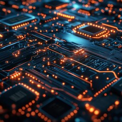 Fototapeta premium Closeup of Illuminated Circuit Board with Orange LEDs - Abstract Technology Background