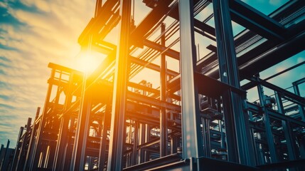 Fototapeta premium Abstract view of industrial metal framework against sunset sky.