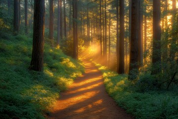 Obraz premium nature trail beauty, misty morning sunlight shines through towering trees onto a golden forest trail covered in crisp foliage