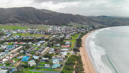 Apollo Bay from drone, coastline of the Great Ocean Road, Australia