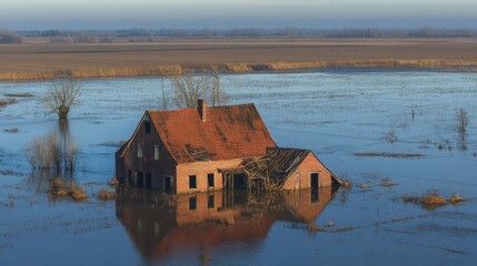 Obraz premium A Rural Farmhouse Partially Submerged in Floodwaters, Depicting the Impacts of Climate Change on Agriculture and Rural Communities.