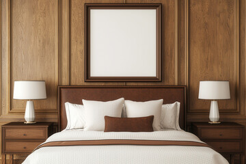A stylish bedroom featuring a wooden headboard, decorative pillows, bedside lamps, and a blank picture frame on a textured wall.