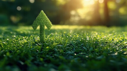 Green grass field with a large, symbolic arrow pointing upwards and forwards, representing sustainable development, eco-friendly growth, and motivational progress in environmental practices.