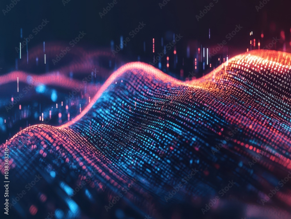 Poster abstract digital data wave - neon blue and red binary code background.