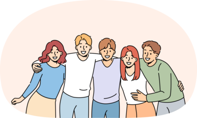 Group of teenagers high school students hug and laugh, enjoy being friends with peers and classmates. Team of happy teenagers looking at screen for advertising educational services