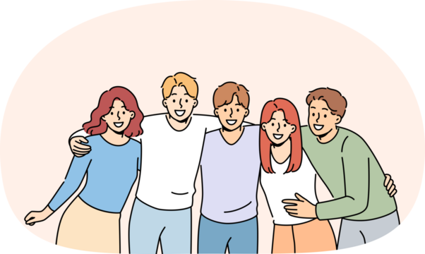 Group of teenagers high school students hug and laugh, enjoy being friends with peers and classmates. Team of happy teenagers looking at screen for advertising educational services