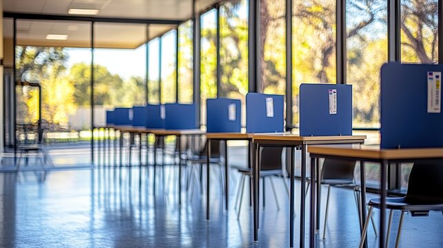 Line of voting privacy booths at an empty polling station, USA Election Day, copyspace