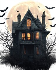 Spooky Haunted House with Full Moon and Bats Illustration - Halloween Concept.
