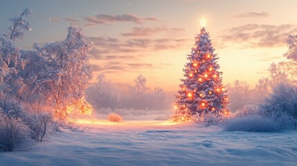 Naklejka premium Christmas tree glowing with lights in a snowy winter landscape at sunset, with snow-covered trees and bushes in the background
