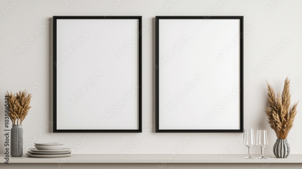 Poster a minimalist decor scene featuring two empty picture frames on a shelf with vases, plates, and glass