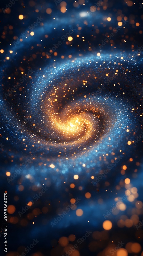 Poster vibrant abstract background showcasing a blue and gold particle vortex characterized by a dynamic sw