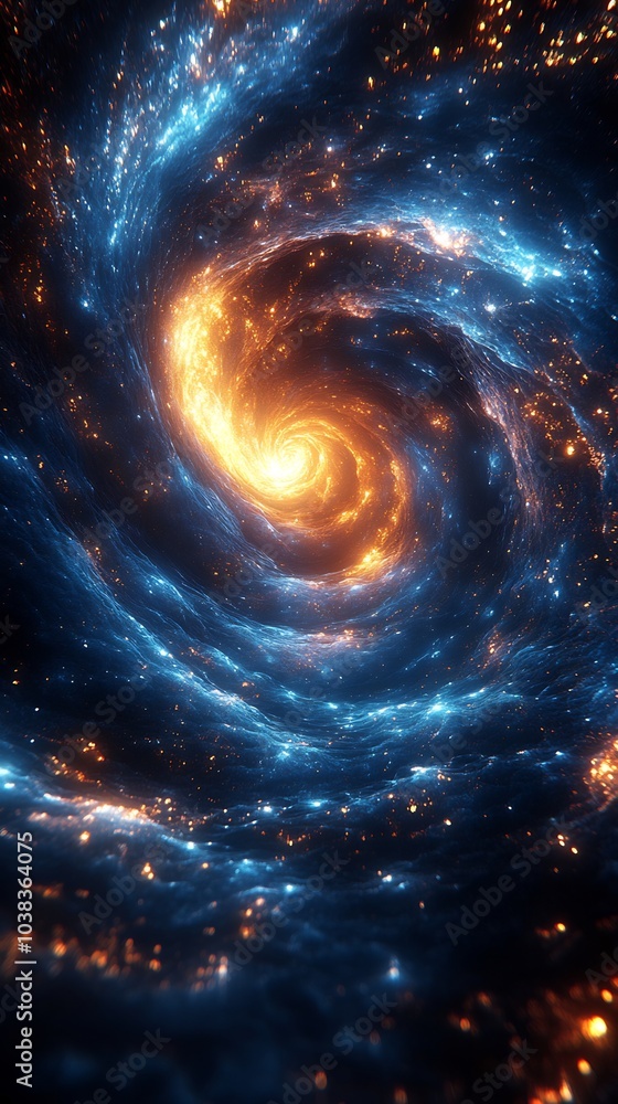 Poster vibrant abstract background showcasing a blue and gold particle vortex characterized by a dynamic sw