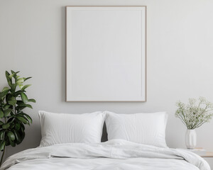 A serene bedroom featuring a minimalistic design with a large blank frame, soft bedding, and decorative plants.