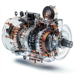 Obraz premium Transparent Cutaway View of a Powerful Electric Motor with Internal Components Visible.