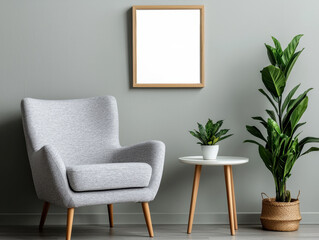 A cozy corner featuring a patterned armchair, a small side table, and a green plant against a muted wall, perfect for relaxation and decor inspiration.