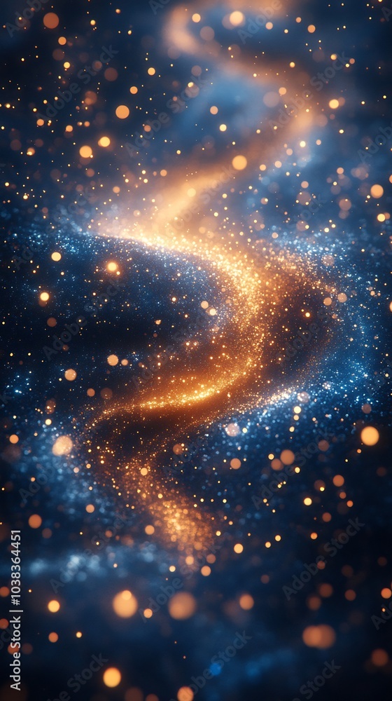 Poster vibrant abstract background showcasing a blue and gold particle vortex characterized by a dynamic sw