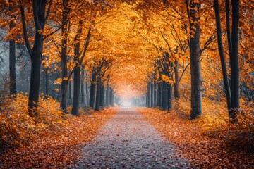 autumn pathway, bright leaves forming a golden path beneath a fiery orange and red tree canopy in autumn