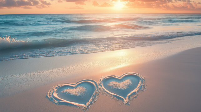 Two intertwined hearts on soft white sand at the water's edge with sunset