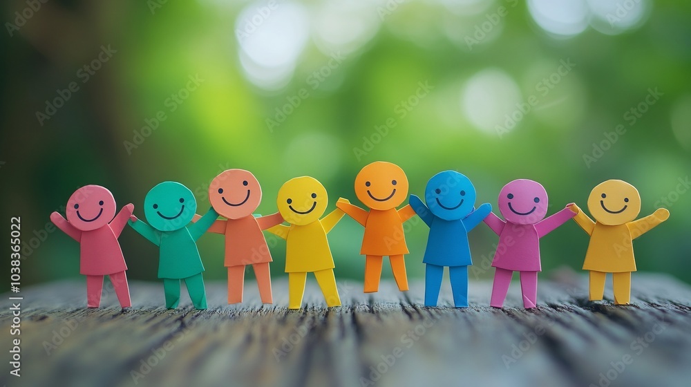 Poster vibrant array of colorful paper figures with smiling faces holding hands placed on a rustic wooden s