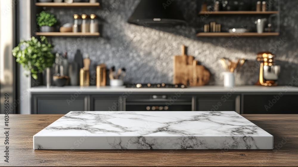 Poster marble counter table top on blurred kitchen background. can be used mock up for montage products dis