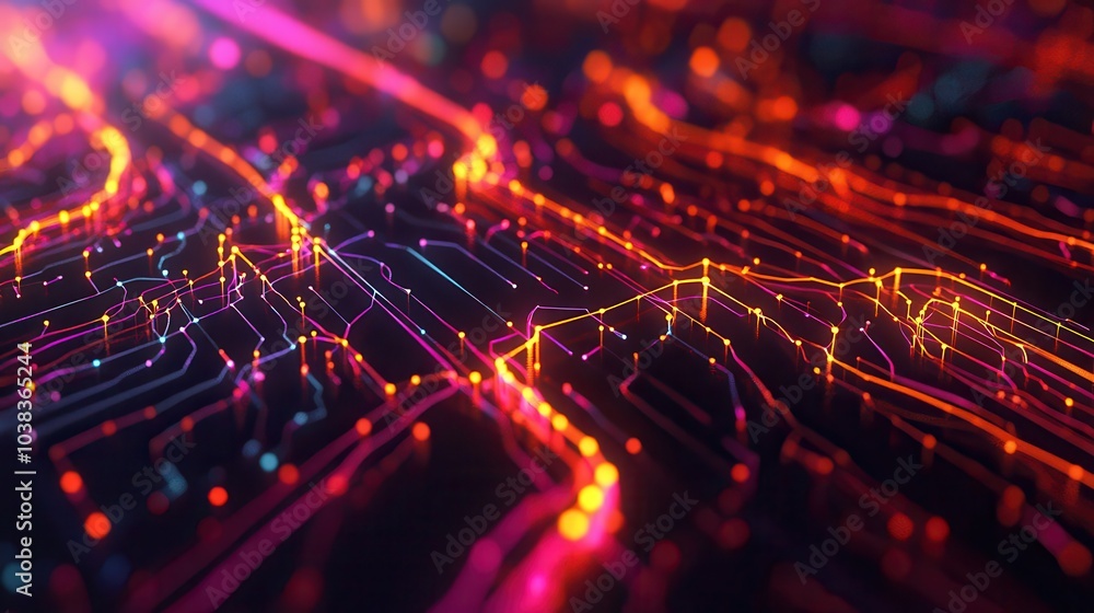 Poster abstract neon network lines and glowing points on dark background.