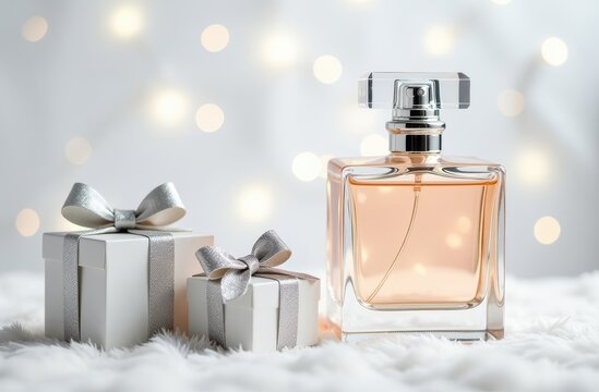 A beautiful perfume bottle is placed next to a gift box in fresh snow, present for New Years Eve, Christmas and winter holidays.