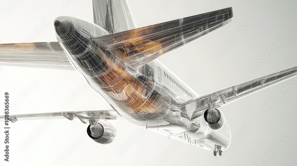Poster wireframe airplane 3d model render - abstract aircraft design concept