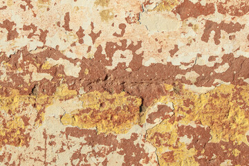 A fragment of a wall with red tints and yellow tint in the style of the 90s. Severe scratches and surface damage.