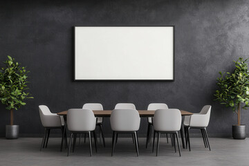 A modern conference room featuring a long wooden table, stylish gray chairs, and green plants against a dark wall with a blank framed screen.