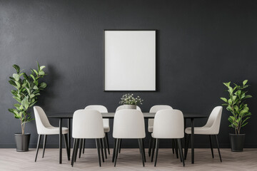 A modern dining area featuring a dark wall, a blank canvas, white chairs, and potted plants, creating a minimalist and elegant atmosphere.