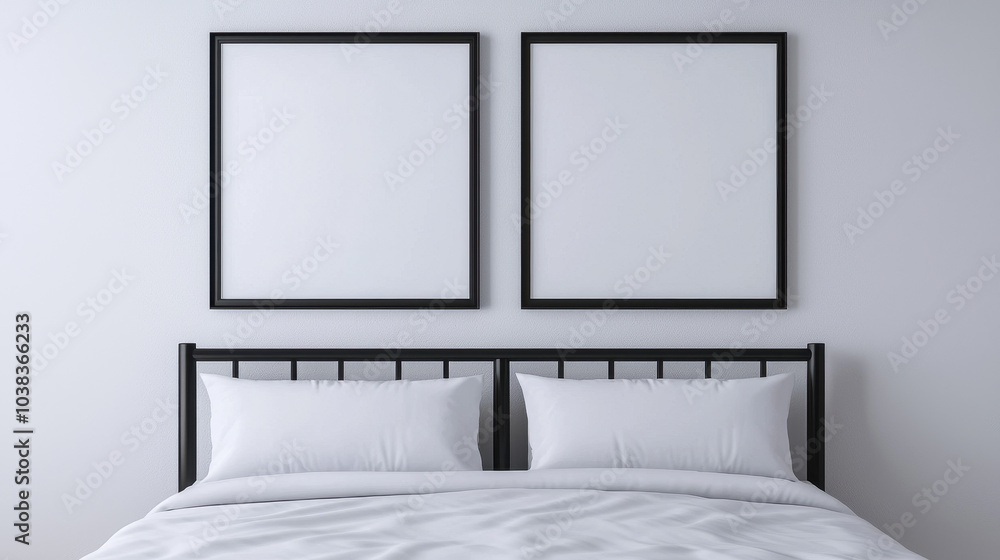 Poster a minimalist bedroom featuring a neatly made bed with white linens and two empty black frames on the