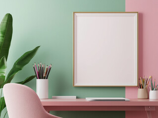 A serene workspace featuring a blank picture frame, pink and green walls, a stylish chair, and a collection of stationery.