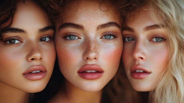Three diverse women with neutral make up, glossy lips and natural skin tones at studio