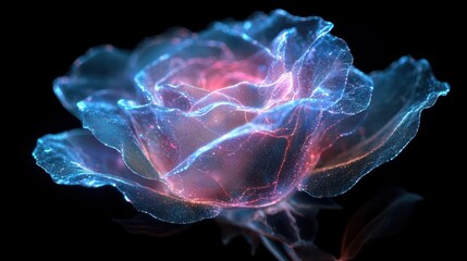 Obraz premium Futuristic neon rose on black background, virtual metaverse technology world, fantasy, sci-fi, generative AI.