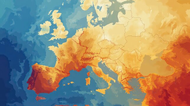 A heat map of Europe showing temperature variations across the continent. The map is color-coded from blue (coldest) to red (warmest). - Powered by Adobe
