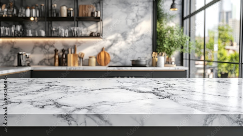 Poster marble counter table top on blurred kitchen background. can be used mock up for montage products dis
