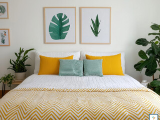 A serene bedroom featuring a white bed adorned with yellow and striped pillows, complemented by tropical plant artwork and greenery.