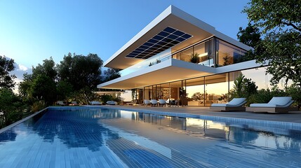 Obraz premium Modern Luxury Villa with Swimming Pool and Sunset View