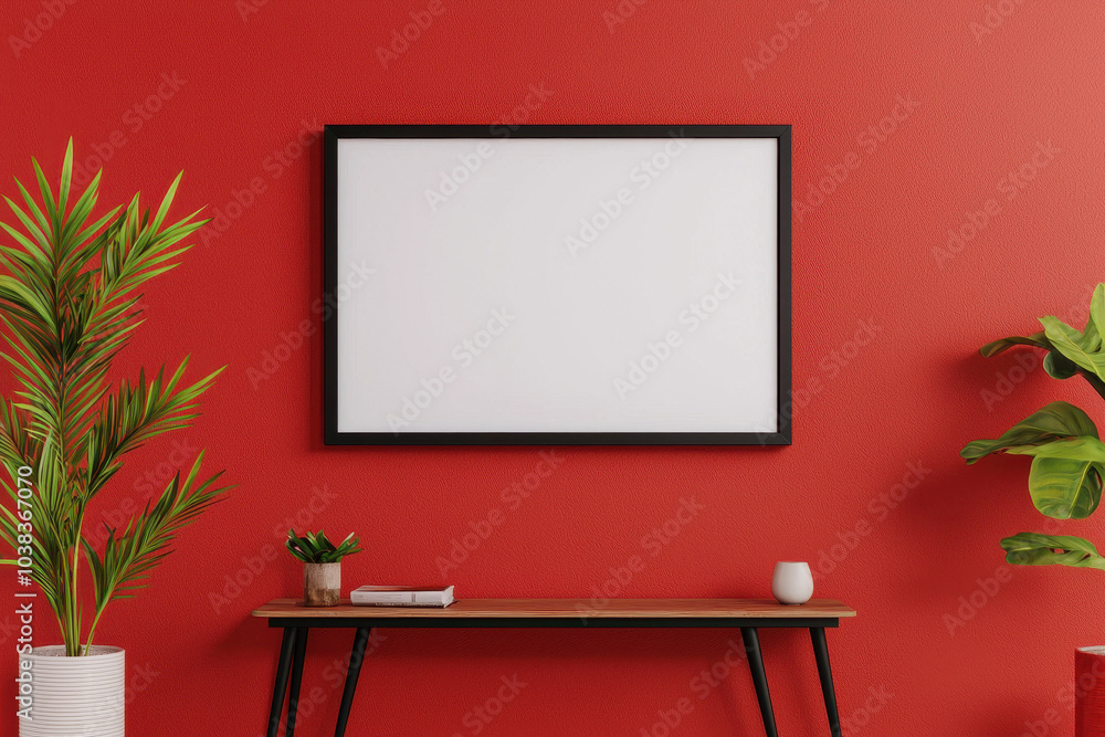 Poster a modern interior scene featuring a blank picture frame on a vibrant red wall, complemented by green