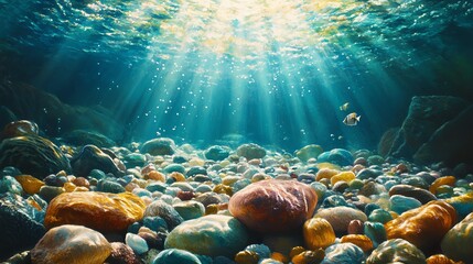 Underwater scene with colorful pebbles and sun rays.