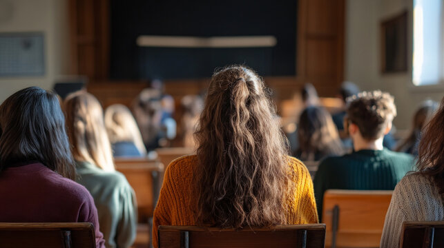 Students attentively listening during a history class in a traditional classroom setting with wooden furniture and natural lighting